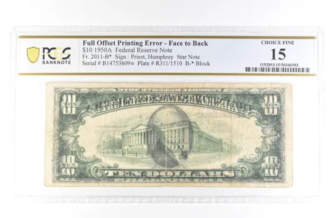 1950 A $10 15 FRN Star Full Offset Print Error Face/Back Fr#2011-B* PCGS *5797