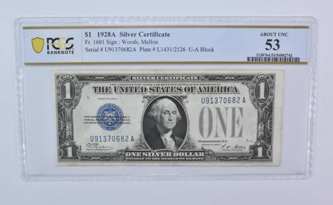1928 A $1 Silver Certificate Fr#1601 About Unc 53 PCGS *8116