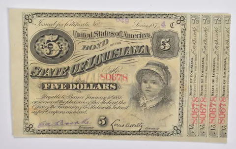 1870s-1880s State of Louisiana 'Baby Bonds' $5 US Obsolete Currency