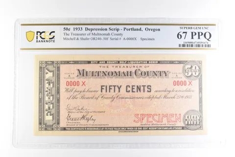 1933 50 Cent Scrip Portland OR Multnomah County Superb Gem Unc 67 PPQ PCGS a2093