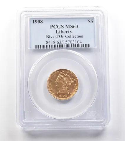 1908 $5 Liberty Head Gold Half Eagle Rive d'Or Collection MS63 PCGS a1548