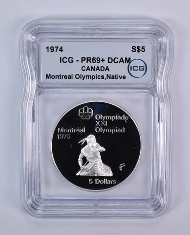1974 Canada 5 Dollars Silver Montreal Olympics Native Canoe PR69+ DCAM ICG