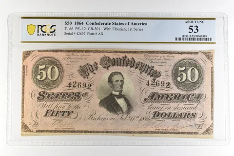1864 $50 Confederate States America T-66 PF-12 CR-501 AU 53 PCGS *4445
