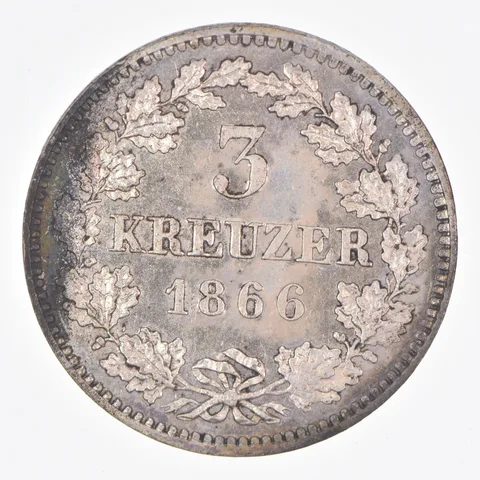 Better Date 1866 Grand Duchy Hesse-Darmstadt 3 Kreuzer World Coin- Silver *279