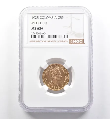 1925 Colombia 5 Pesos Gold Medellin MS63+ NGC *6047