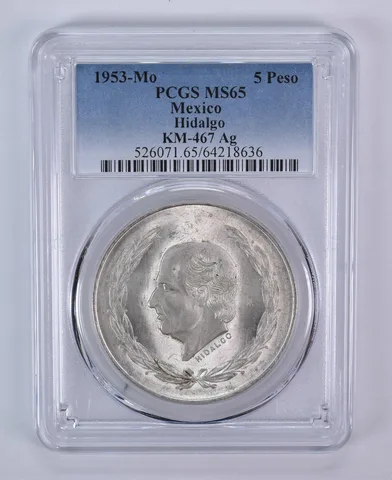 1953 Mo Mexico 5 Pesos Silver Hidalgo KM-467 MS65 PCGS Blue Label