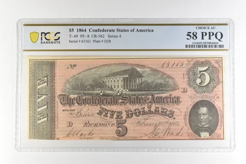 1864 $5 Confederate States America T-69 PF-8 CR-562 Choice AU 58 PPQ PCGS *4490