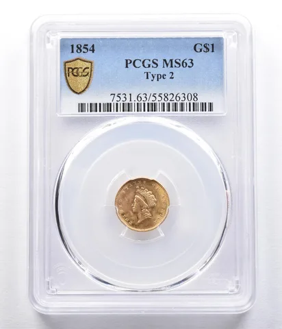 1854 $1 Indian Princess Head Gold Dollar Piece Type 2 MS63 PCGS *2330