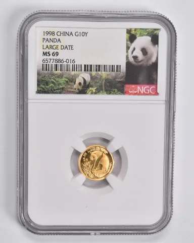 Grade Error MS69 1993 China 5 Yuan 1/20 Oz. Fine Gold Panda Large Date NGC *4208