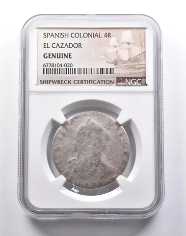 Genuine El Cazador Spanish Colonial 4 Reales NGC Shipwreck Certification *3697