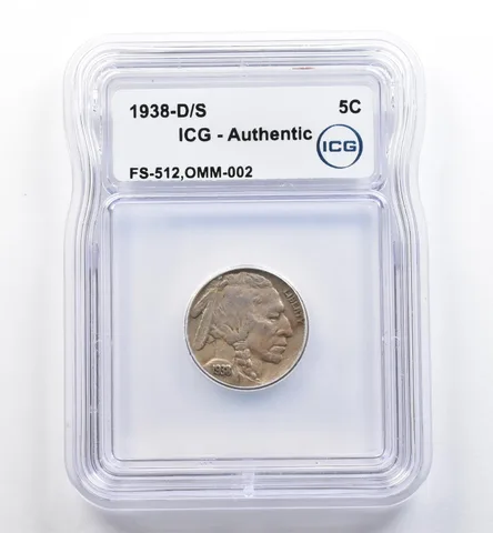 1938-D/S Indian Head Buffalo Nickel FS-512 OMM-002 Authentic ICG *9043
