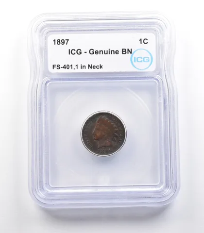 1897 Indian Head Cent Mint Error FS-401 1 In Neck Genuine BN ICG *2335