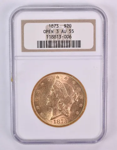 1873 $20 Liberty Head Gold Double Eagle Open 3 AU55 NGC *1030
