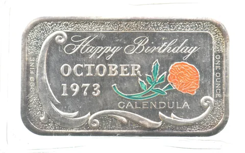 1973 1 Oz Silver Bar Happy Birthday October Calendula Enameled a0765