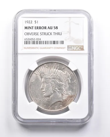 AU58 1922 Peace Silver Dollar Error OBV Struck Thru NGC *6639
