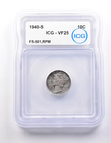 1940-S Mercury Dime FS-501 RPM VF25 ICG *9838
