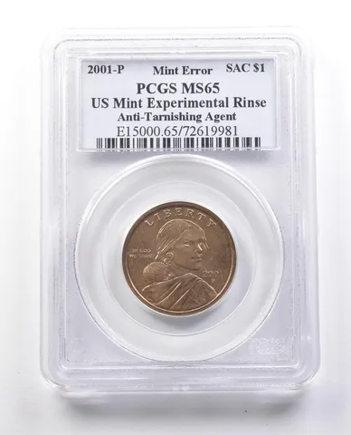 2001-P Sacagawea $1 Error Experiment Rinse Anti-Tarnishing Agent MS65 PCGS a0025