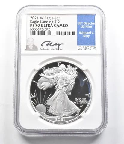 PF70 UCam 2021-W American Silver Eagle Landing T-2 Moy Signed NGC a5830