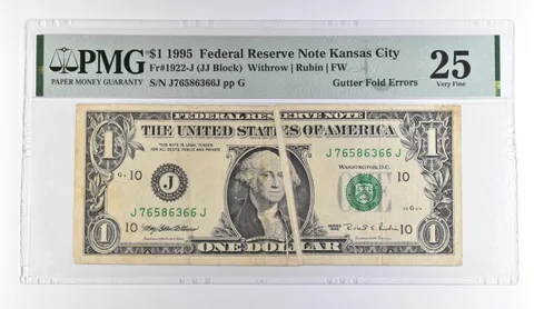 1995 $1 Kansas City MO FRN Gutter Fold Errors Fr#1922-J VF 25 PMG *9500