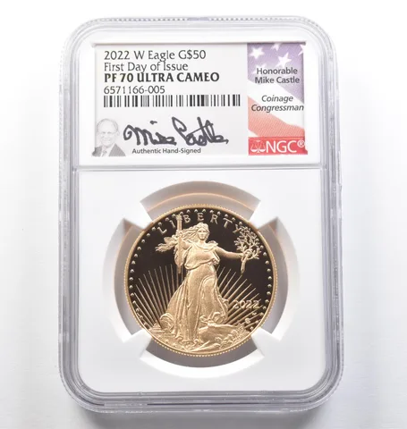 2022-W $50 American Gold Eagle FDOI Mike Castle 1 Oz Gold PF70 UCAM NGC *9493