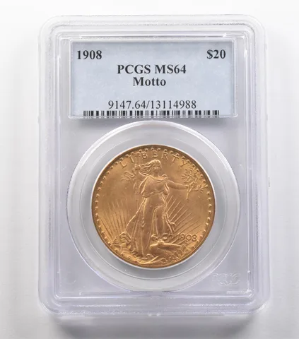 1908 $20 Saint Gaudens Gold Double Eagle Motto MS64 PCGS PQ *4855