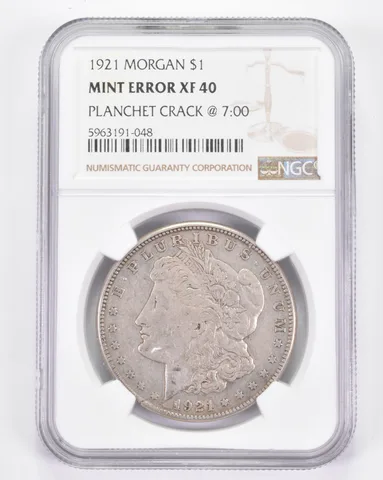 Mint Error XF40 1921 Morgan Silver Dollar - Planchet Crack @ 7:00 NGC a8892