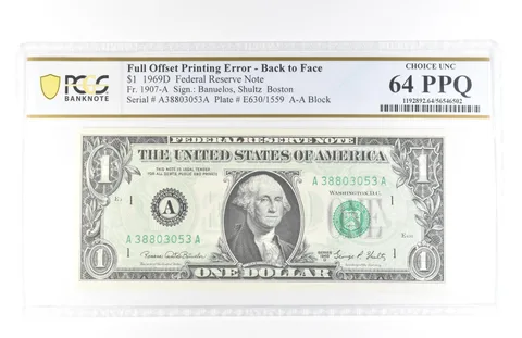 1969 D $1 64 FRN Full Offset Print Error Back To Face Fr#1907-A PPQ PCGS *5796