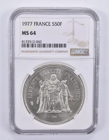 1977 France 50 Francs Silver MS64 NGC Brown Label