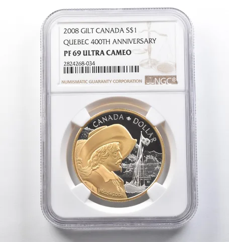 2008 Canada 1 Dollar Silver Gilt Quebec 400th Anniversary PF69 UCAM NGC *6595