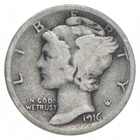 G+ 1916 Mercury 90% Silver Dime