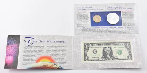 2000 US Millennium Coin & Currency Set Sacagawea + ASE + $1 Note