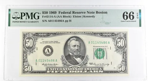 1969 $50 Boston MA US FRN Fr#2114-A 66 Gem Unc EPQ PMG a8497