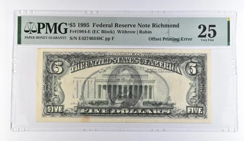 1995 $5 Richmond VA FRN OffPrinting Error Fr#1984-E VF 25 PMG *9455
