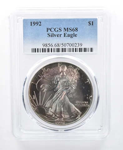1992 American Silver Eagle MS68 PCGS Blue/Green Tone *8593