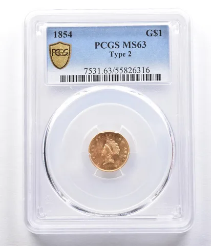 1854 $1 Indian Princess Head Gold Dollar Piece Type 2 MS63 PCGS *2329