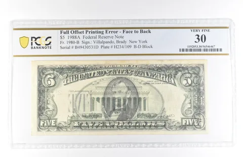 1988 A $5 30 NY FRN Full Offset Print Error Face To Back Fr#1980-B PCGS *5830