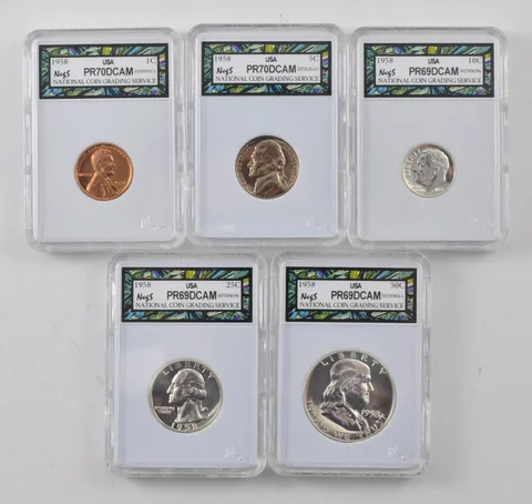 (5) 1958 Proof Set Cent Nickel Dime Quarter Half Dollar *8762