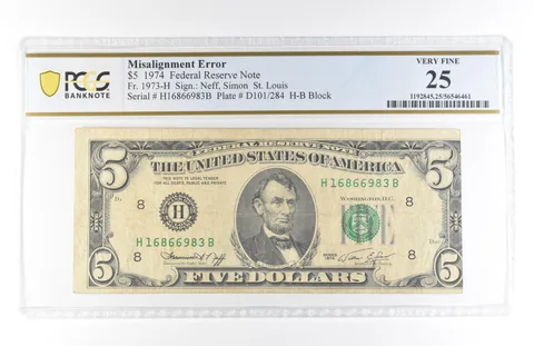 1974 $5 St Louis MO FRN Misalignment Error Fr#1973-H Very Fine 25 PCGS *5836