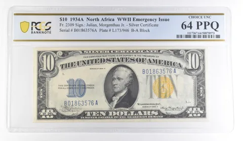 1934 A $10 Silver Certificate North Africa WWII Fr#2309 Unc 64 PPQ PCGS *4085