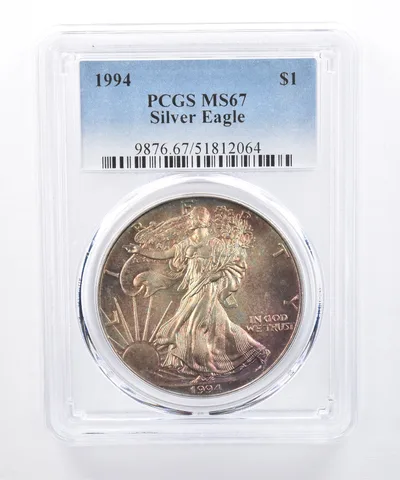 1994 American Silver Eagle MS67 PCGS Green/Purple Tone *8282