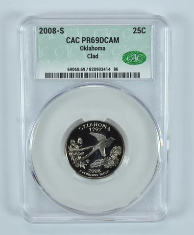 2008-S Washington State Quarter Oklahoma CLAD PR69 DCAM CAC CACg