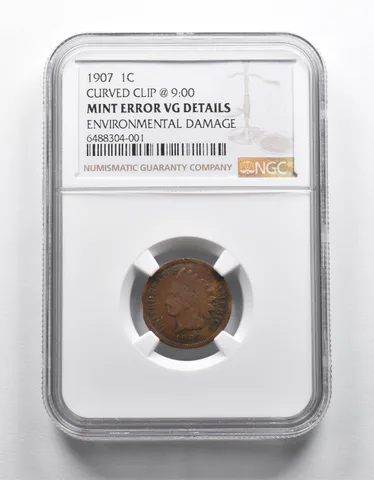 Mint Error VG Details 1907 Indian Head Cent Curved Clip @9:00 NGC a1945