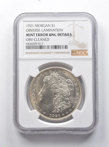 Error UNC Details 1921 Morgan Silver Dollar OBV Lamination NGC Clown Nose *7936