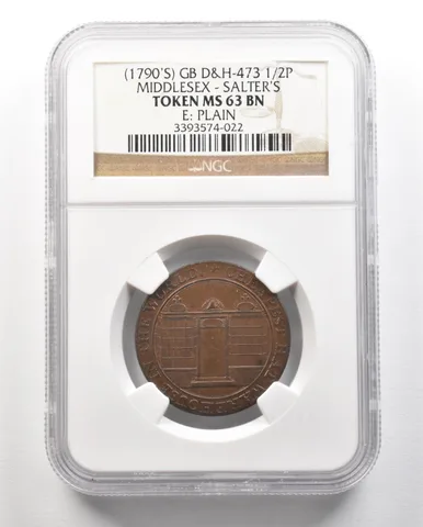 (1790s) G. Britain D&H-473 1/2 Penny Middlesex Salters Token MS63 BN NGC a4724