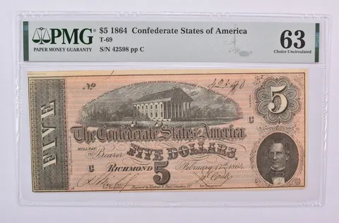 1864 $5 Confederate States Of America T-69 Choice Unc 63 PMG