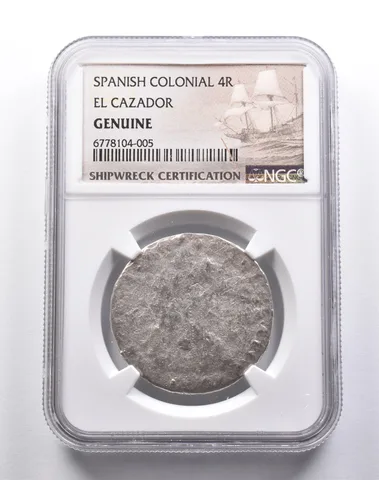 Genuine El Cazador Spanish Colonial 4 Reales NGC Shipwreck Certification *3695