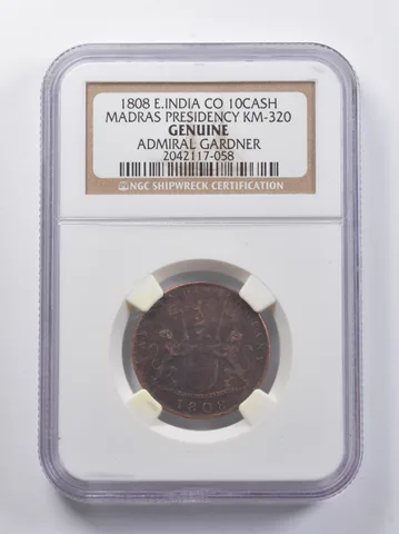 Genuine 1808 East India Co 10 Cash Madras KM-320 Gardner NGC Shipwreck *6845