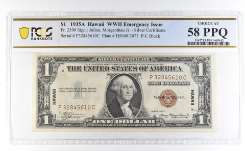 1935 A $1 Silver Certificate Hawaii WWII Emergency Fr#2300 AU 58 PPQ PCGS *4619