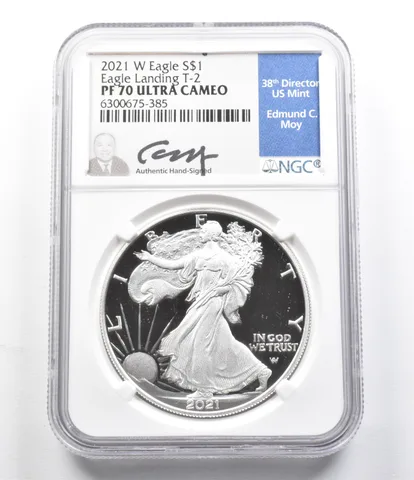PF70 UCam 2021-W American Silver Eagle Landing T-2 Moy Signed NGC a5815