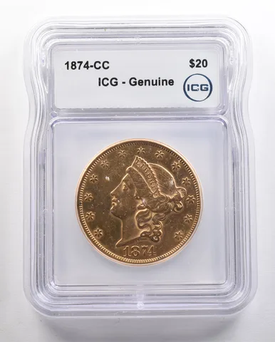 1874-CC $20 Liberty Head Gold Double Eagle Genuine ICG *4396